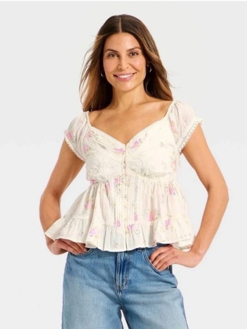 Universal Thread Cream Floral Peplum Top with Pink Accents NWT XS
